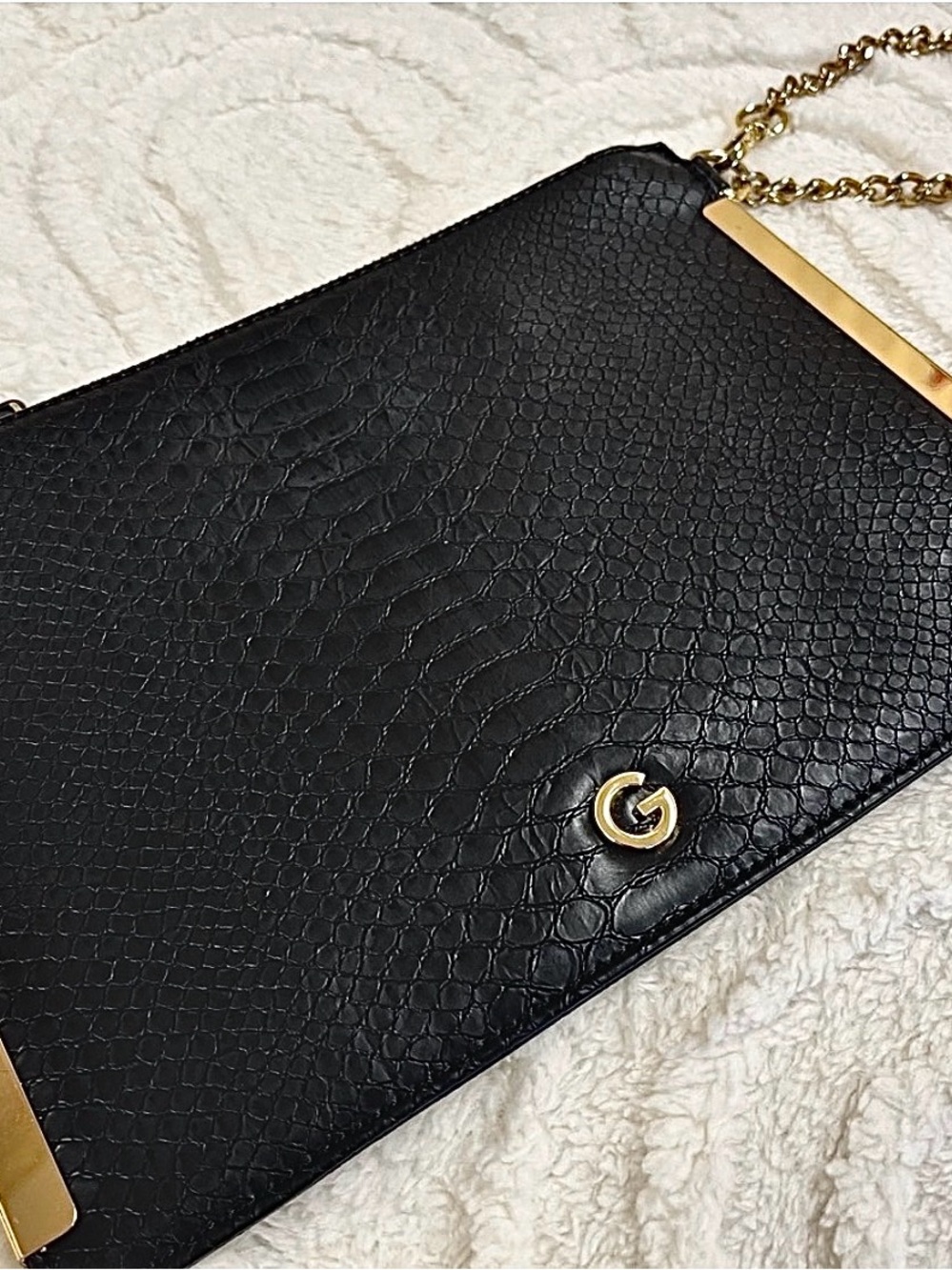 GUESS Black Faux Snakeskin Clutch Gold Chain Evening Bag